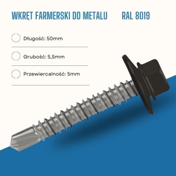 Wkręt farmerski do metalu 5,5X50 mm przewiercalność 5 mm w kolorze RAL 8019